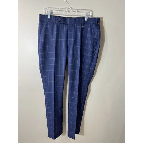 French Crown Men's 42 Blue Windowpane Pattern Wool Rich Double Breasted Suit NEW